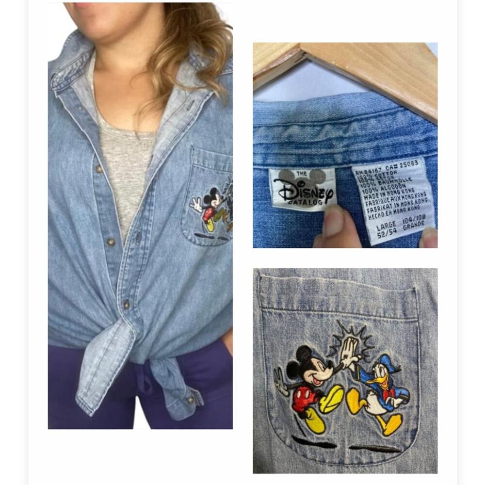 Disney Catalog 90s Chambray Mickey & Donald High Five Longsleeve Button Up Shirt